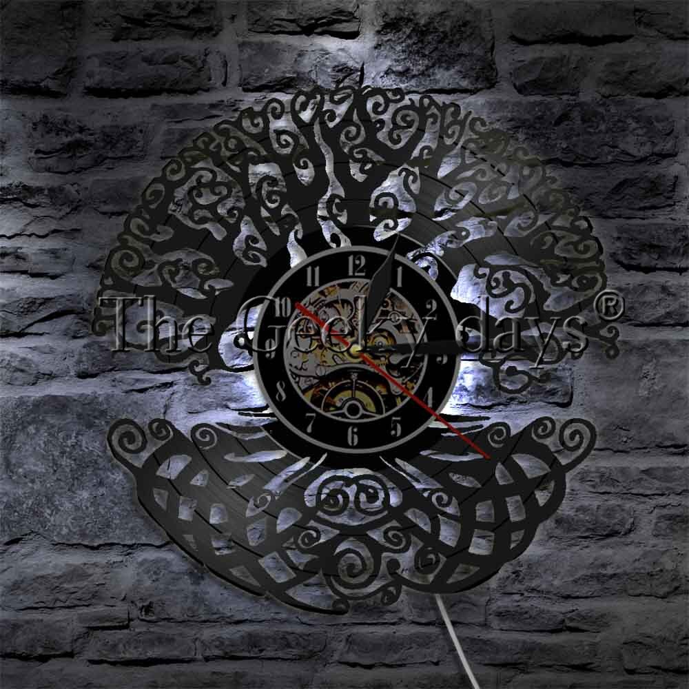 1 pièce arbre de vie géométrie sacrée Led veilleuses sacré arbre Vintage vinyle disque Longplay horloge vert vie ombre Art: With Led