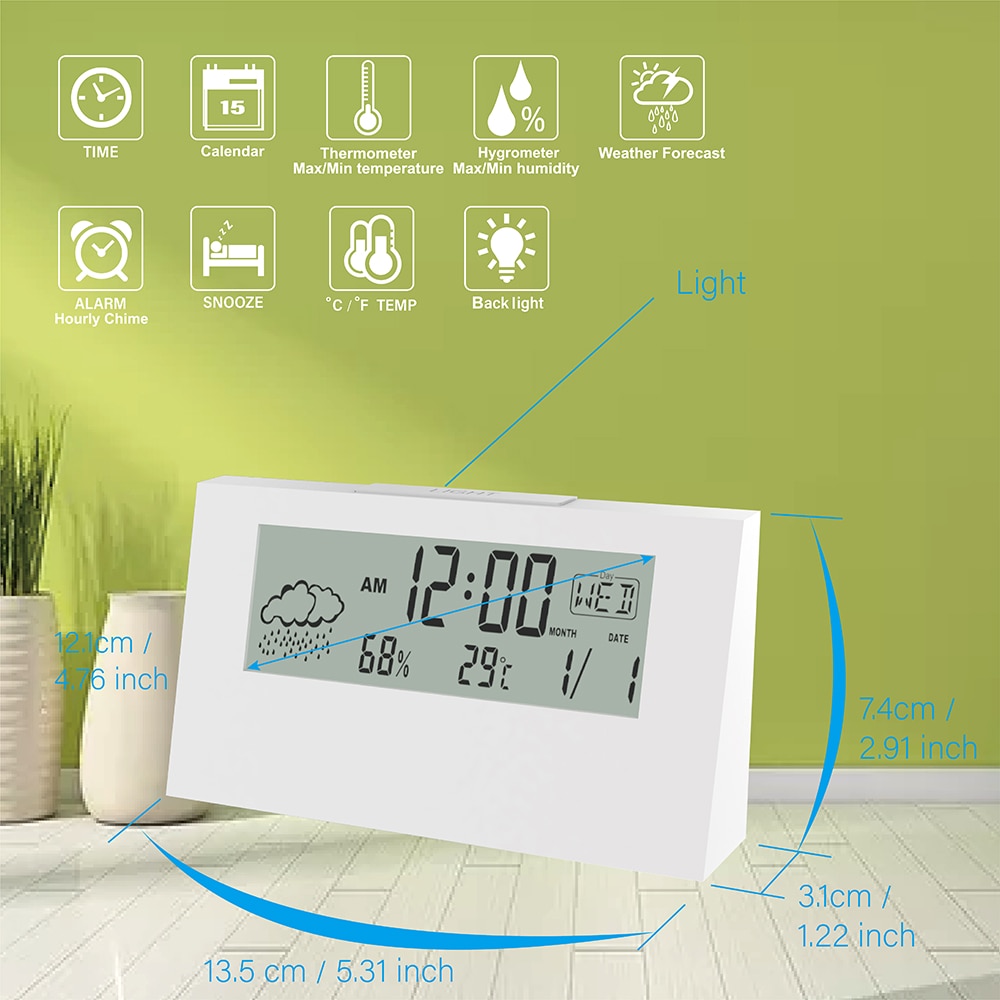 Reloj despertador eléctrico LCD de escritorio, reloj blanco con calendario y temperatura Digital, humedad, moderno, para el hogar y la Oficina, funciona con pilas