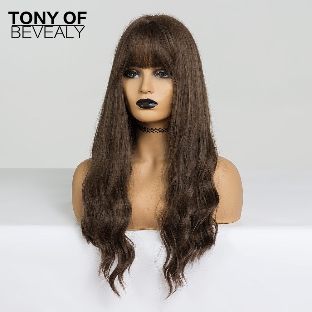 Long Wavy Dark Brown Natural Hair Wigs With Bangs Heat Resistant Synthetic Wigs for Afro Women Daily Cosplay Natural Wigs