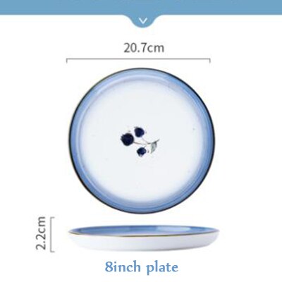 Home Gold Edge Blueberry Ceramic Tableware Heatable Oven Plate Soup Bowl Food Plate For Bread Noodles Salad Bakeware: 8inch plate