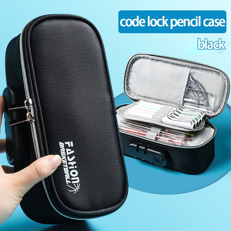 Zanken-estuche de lápices con contraseña para mujer, estuche de gran capacidad con dibujos animados, multifuncional para estudiantes, creatividad: Black