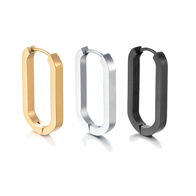 Pendientes de aro de acero inoxidable brillantes para mujeres y hombres, Hip Hop Steapunk, corazón ovalado redondo, Color negro, dorado y plateado, de joyería Huggie