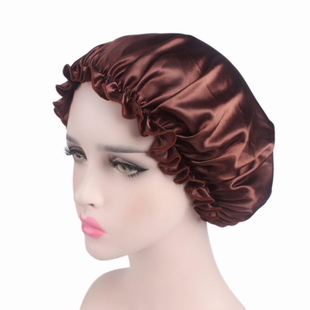 doux soie femmes nuit sommeil coiffe de tête serviette de douche chapeau réglable dames cheveux longs soins Bonnet Scraf Satin chapeau accessoires: coffee 1