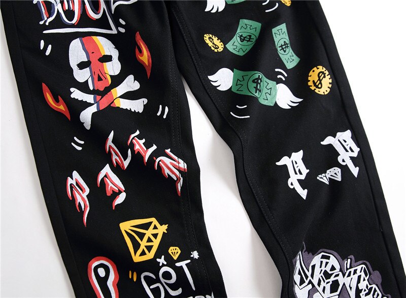 Di modo degli uomini di 3D lettere modello sottile in forma discoteca etero stampato nero jeans Alla Moda colorato disegno pantaloni in denim