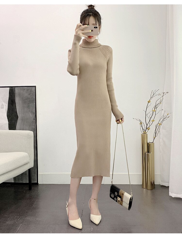Coltrui Volledige Mouw Gebreide Jurk Vrouwelijke Winter Fall Vestidos Casual Dikke Gedraaide Vrouwen Lange Trui Jurken Beige: khaki dress
