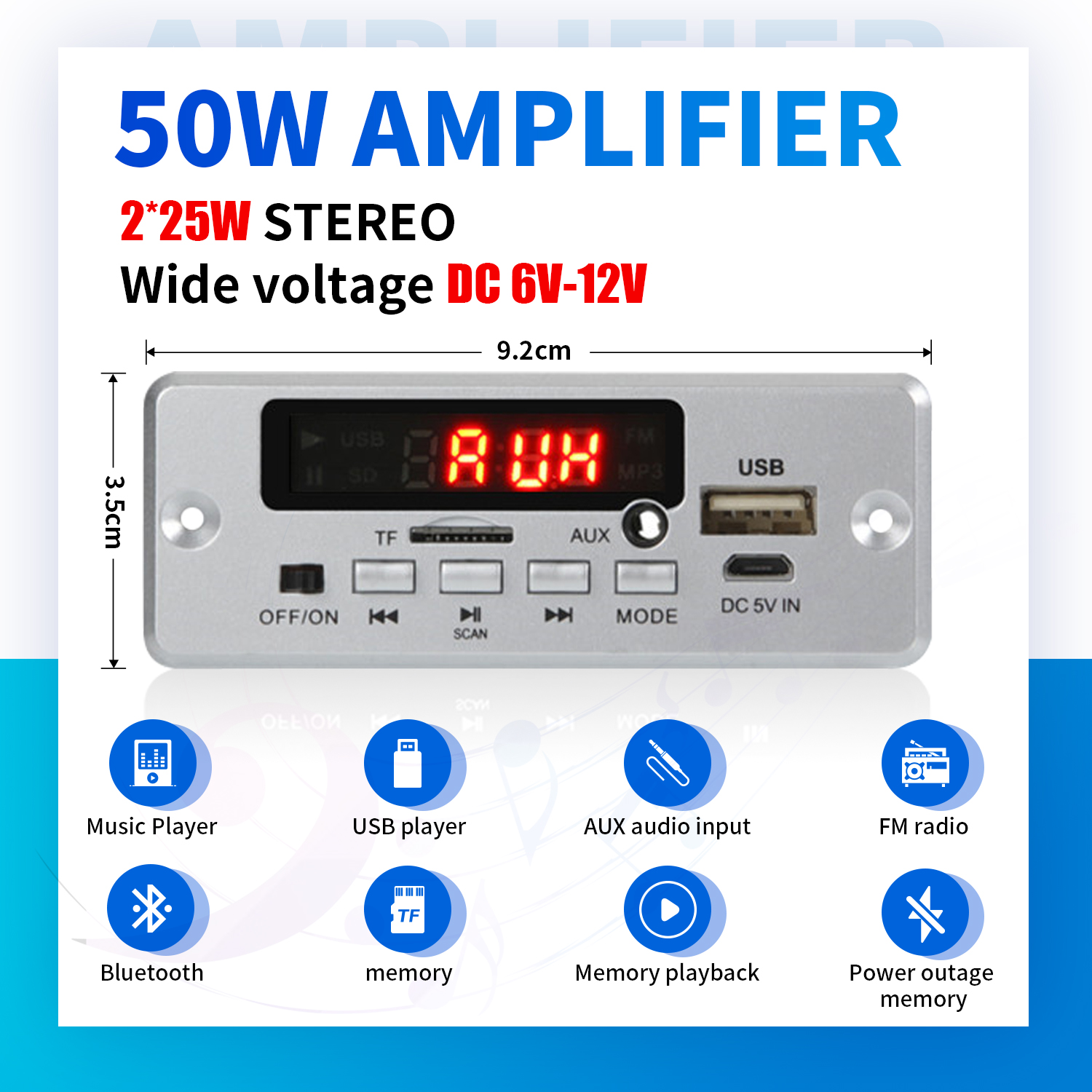 Amplificatore 50W Bluetooth 5.0 scheda di decodifica MP3 12V lettore musicale Wireless modulo Audio USB TF AUX Radio FM per altoparlante vivavoce