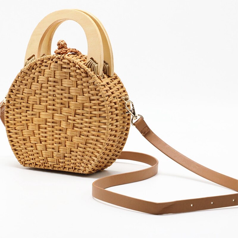 Bolso de ratán tejido con asa de madera a la para mujer, bolso de paja , bandolera de hombro (camello)