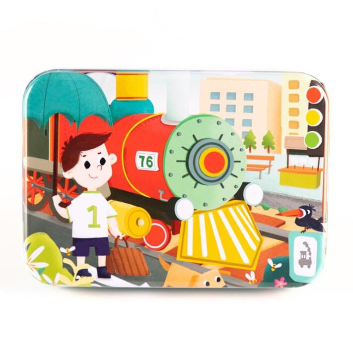 120 stück Eisen Box Verpackung Holz Cartoon Puzzle Spielzeug Kinder Intelligenz Entwicklung Tangram Und Jigsaw Puzzle Spielzeug: Train