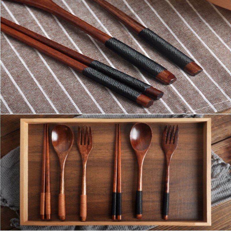 1 Pcs Houten Servies Vork Lepel Eetstokjes 3 Stuk Set Massief Hout Lange Steel Lepel Eetstokjes Keuken Draagbare Servies