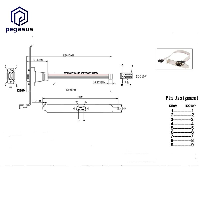 28cm 1 Port RS232 DB9 Serial Bracket to 10 Pin Header - Low Profile (PLATE9M16LP) Low-Profile Bracket