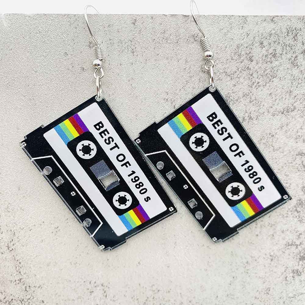 Pendientes de registro de película con cinta de casete de estilo Vintage, pendientes para entusiastas de la música, color blanco y negro, para entusiastas de la música navideña: Chapado en cobre envejecido