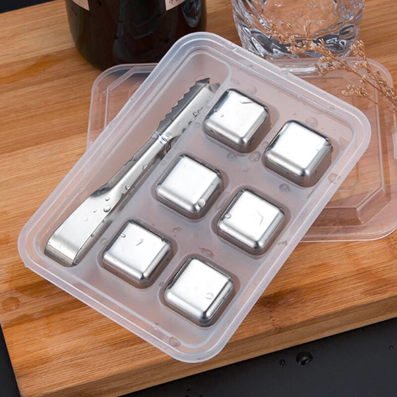Reusable 304 stainless steel ice cubes quick ice grain chilling stones for whiskey wine coffee drink bar wine Cold Longer: 6 pcs with clamp