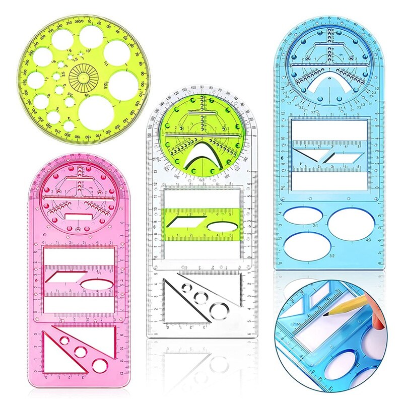 4Pcs Multifunction Ruler Plastic Template Ruler Geometric Circle Template Drawing Templates Clear Measuring Tool