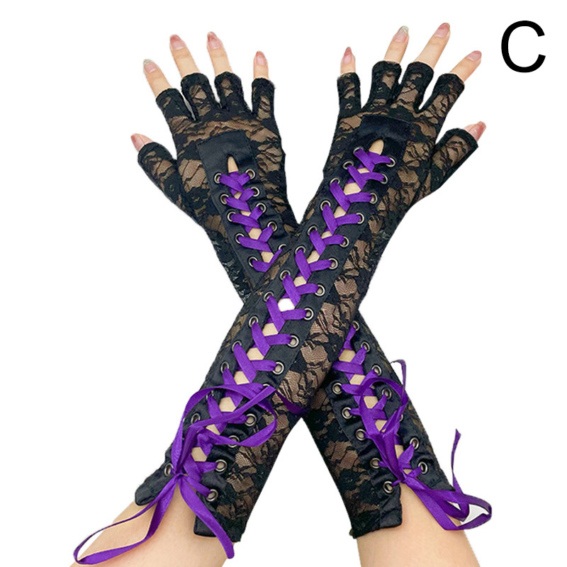 1Pair Women Gothic Long Glove Fingerless Black Punk Hip Pop Half-Finger Mittens Clubwear Dance Cosplay Party Arm Sleeve: C
