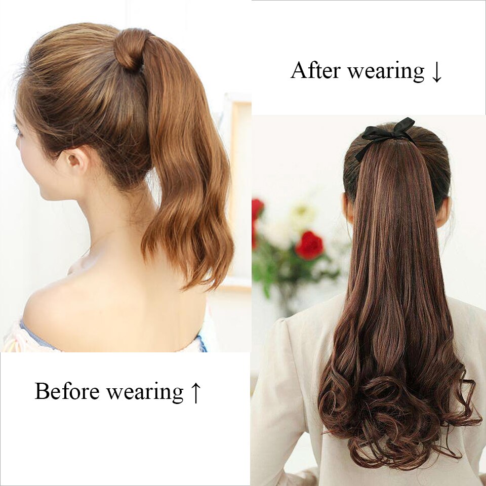 HUAYA 22 Inch Synthetic Long Curly Ponytail Clip In Hair Extensions Tail on False Hair Black Blonde Brown Pony Tail Hairpieces