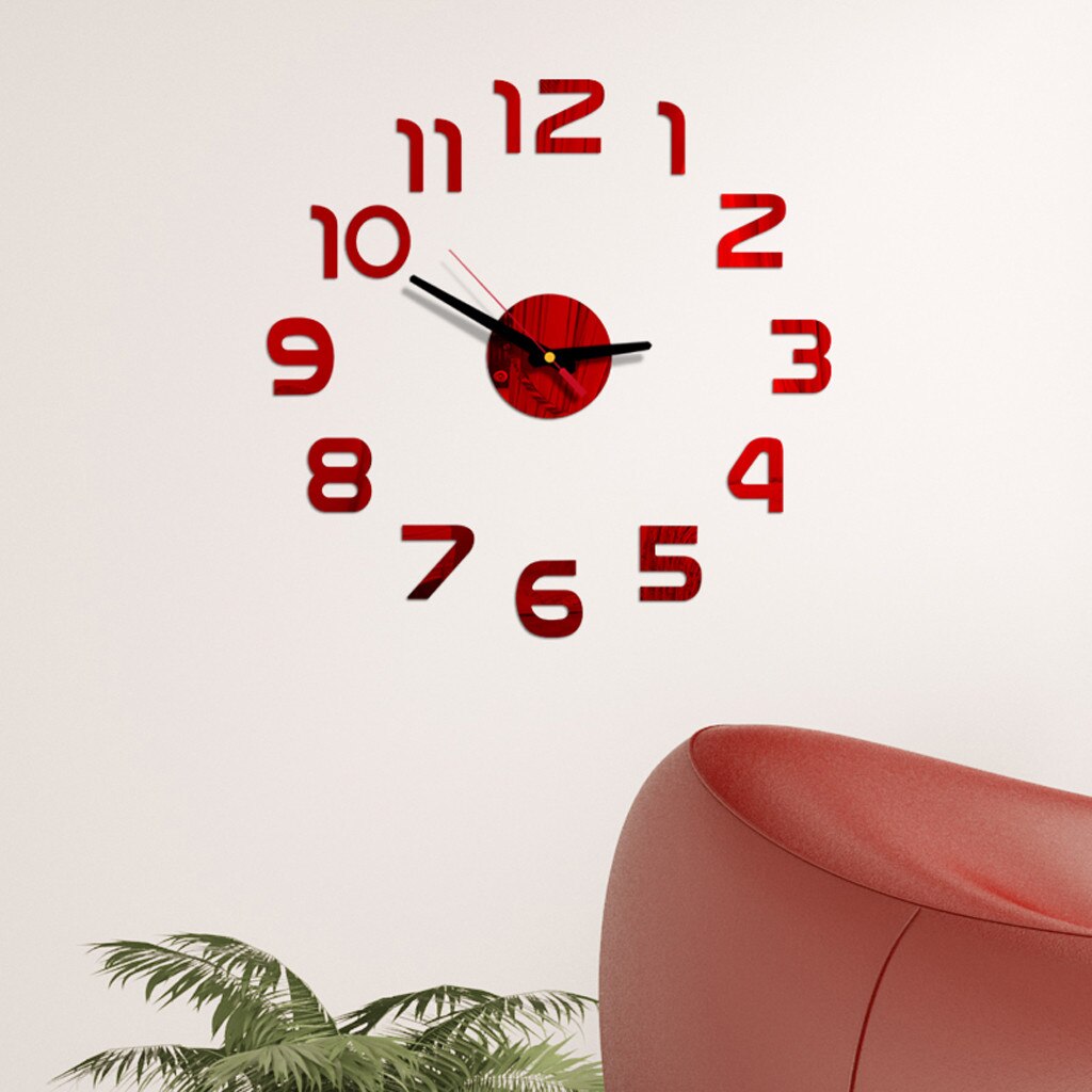 30@ Diy Large Wall Clock Modern 3D Wall Sticker Clock Silent Home Decor Living Room Acrylic Quartz Horloge Decor Clock: Red 