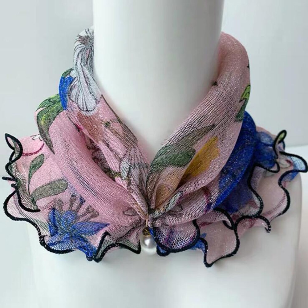 Lace Pearls Scarf Wood Ears Gold Thread Lace Variety Lady Neck Hair Chiffon Scarves Soft Spring Summer Scarf Mother's Day