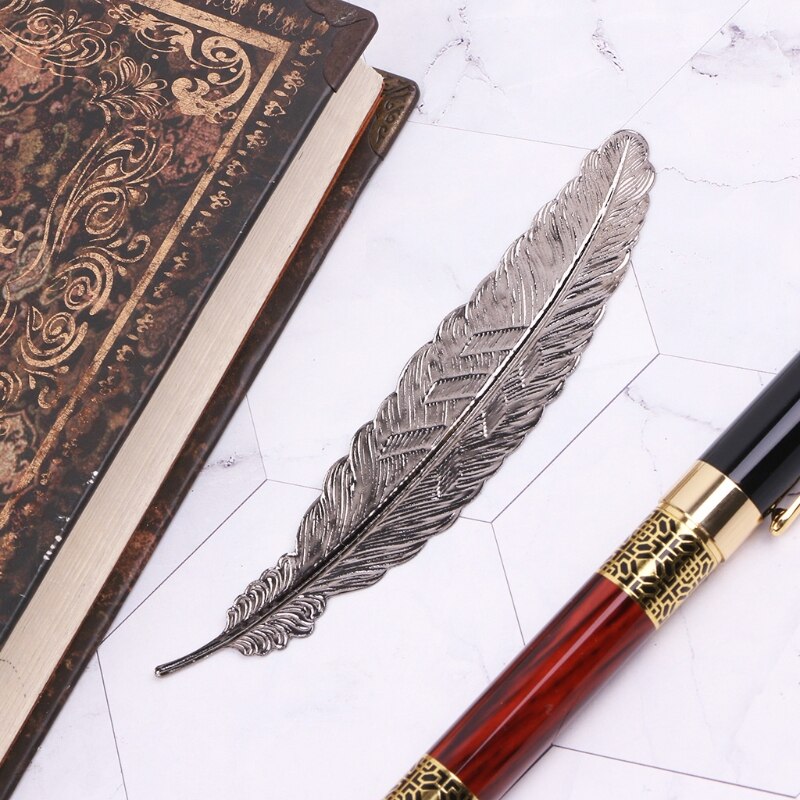 Marcapáginas de punto de libro de Metal en forma de pluma Retro para libros, oficina, escuela
