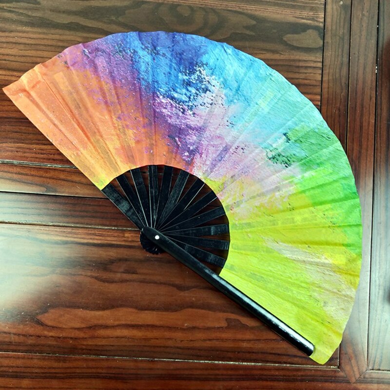1Pc Grote Folding Hand Fan Vouw Dot Regenboog Print Zwarte Bamboe Festival Handheld Ventilator Voor: H03