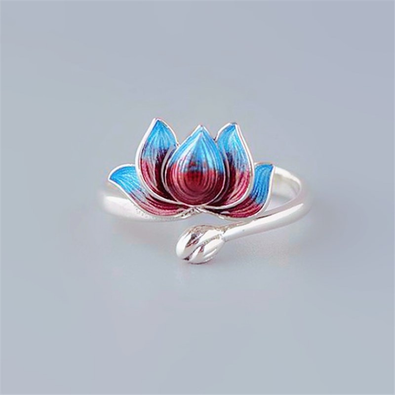 Nouveauté ethnique plante Lotus réglable anneaux pour femmes dames 925 en argent Sterling coloré émail anneau