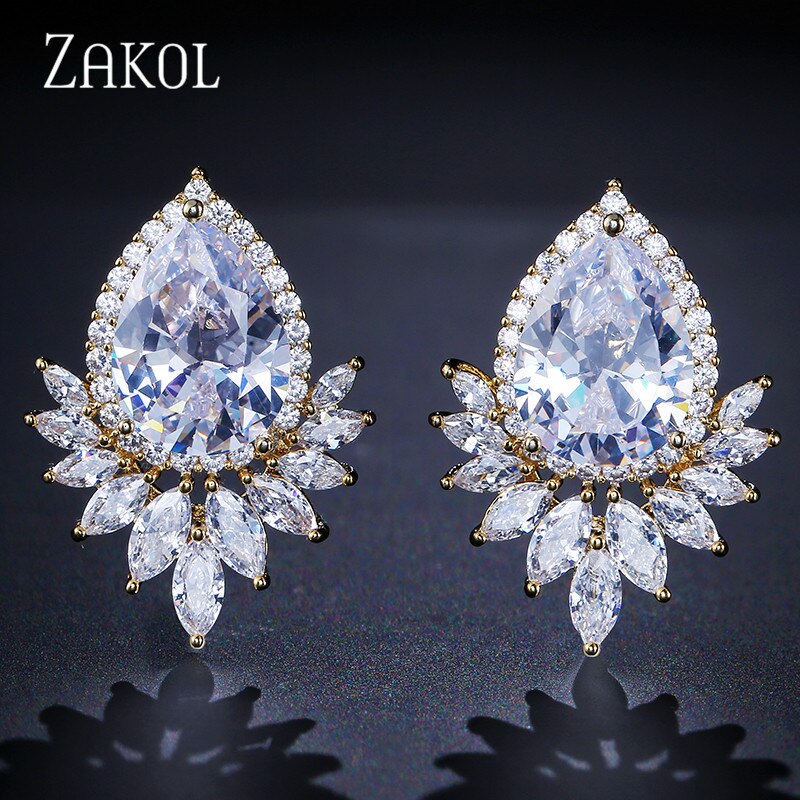 ZAKOL Romantico lacrima cubo Zirconia Bianco colore Orecchini con Perno del Foglio di Modo Da Cerimonia Nuziale Brincos Gioielli per Le Donne FSEP2009