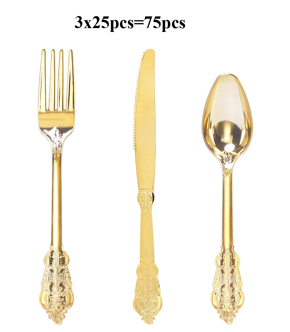 75-teiliges goldenes Kunststoffbesteck – Party-Besteck-einstellen – schweres Kunststoffbesteck – inklusive 25 Gabeln, 25 Löffel und 25 Messer