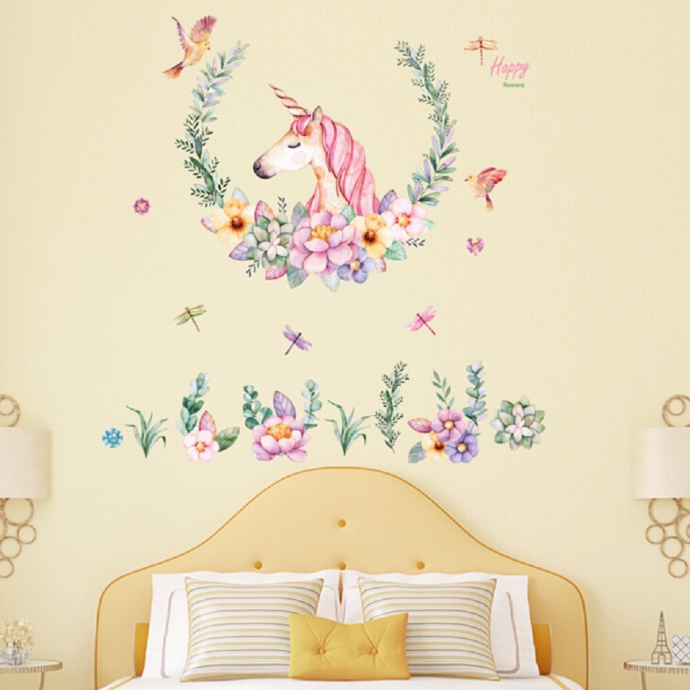 Cartoon Unicorn Petal Birds large Wall Stickers animal Home Decor living room Bedroom Art decals wallpaper