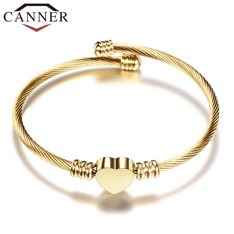 CANNER Adjustable Simple Stainless Steel Woven Heart Open Bangle Gold/Rose gold/ Silver Color Charm Babgles for Women Jewelry FO: Gold-color