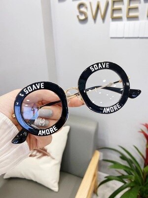 Nuevas gafas redondas transparentes Galsses para mujer, montura de Metal a la para estudiantes, gafas ópticas con letras de personalidad a rayas, gafas informales de gran tamaño: Black