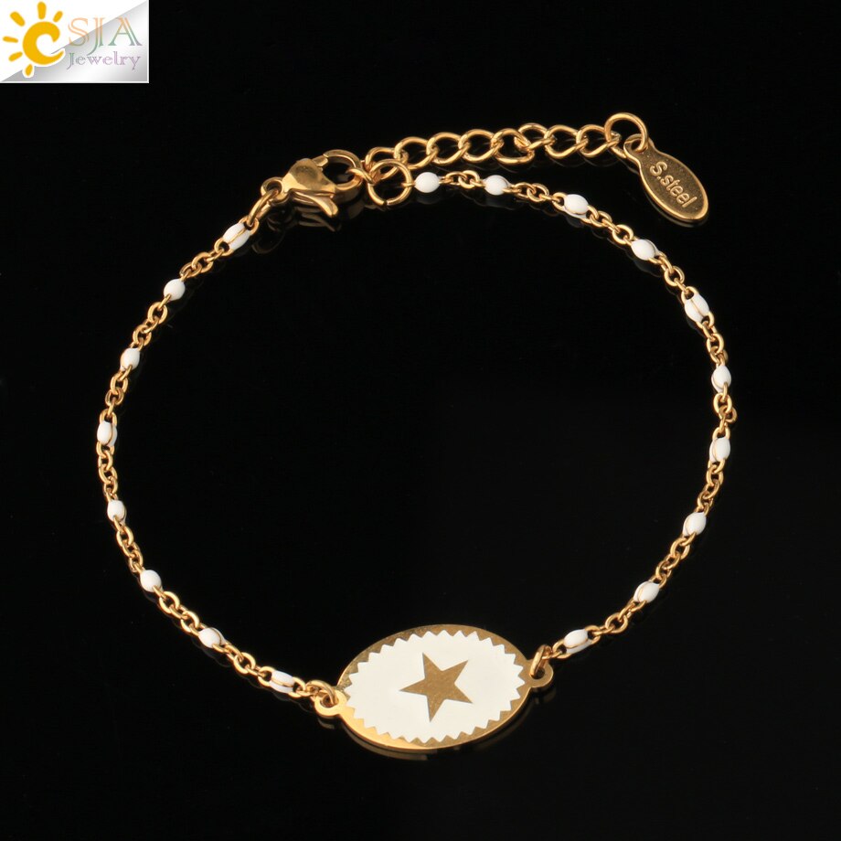 CSJA, pulsera de acero inoxidable para mujer, colgante de estrella esmaltada, cadena de eslabones de Color dorado con cuentas, delicado Delgado, pulseras Inoxydable Acier S718