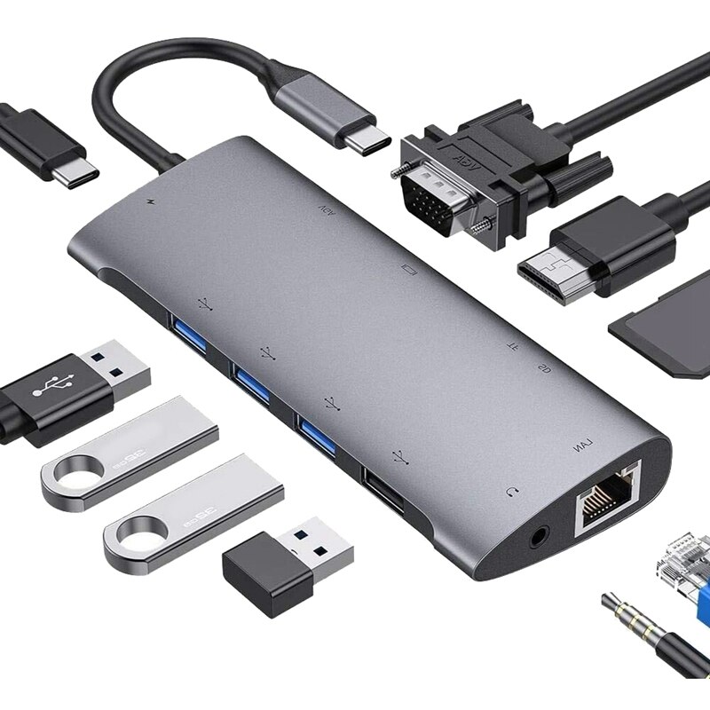 Usb C Hub,Type C Hub Adapter Met 1080P Vga, 4 Usb 3.0/2.0 Poorten, usb C Power Levering Poort, RJ45 Gigabit Ethernet