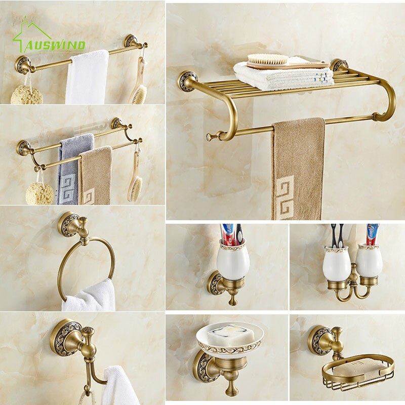 Antique Brushed Brass Bathroom Accessories Sets European Carving Bronze Bathroom Hardware Set Bathroom Products Rw2