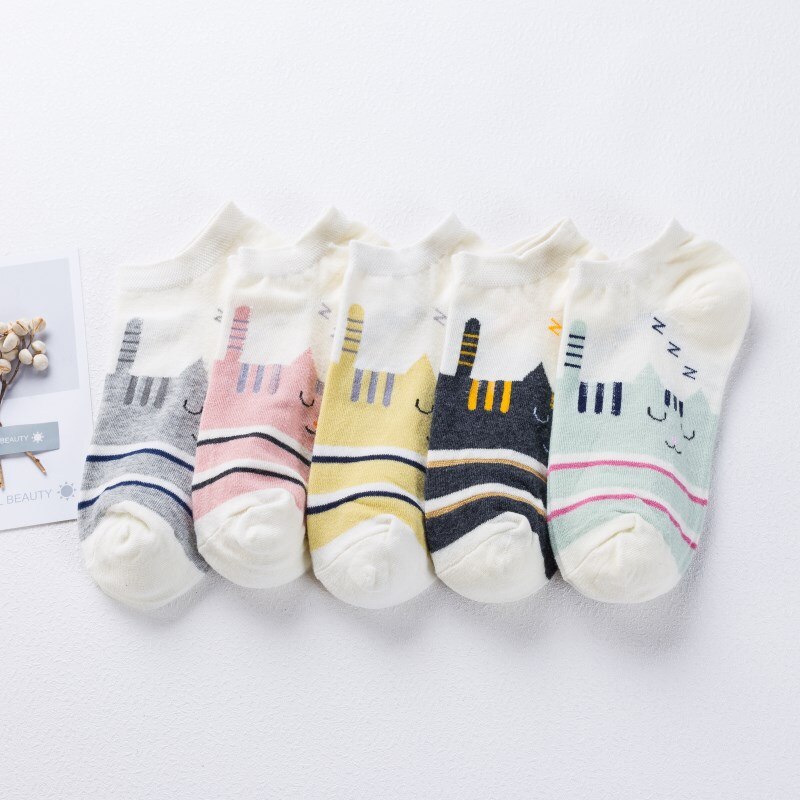 Calcetines tobilleros con de gato para Mujer, medias cortas con dibujos de animales, coreana, Kawaii, informal, 5 pares: Menta