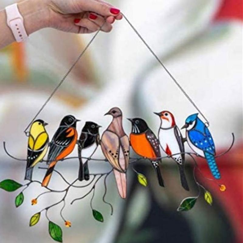 1PC Birds Stained Glass Window Hangings Panels Stained Bird Window Hanging Hanging Birds Home Decoration - Mothers Day: 04 Seven