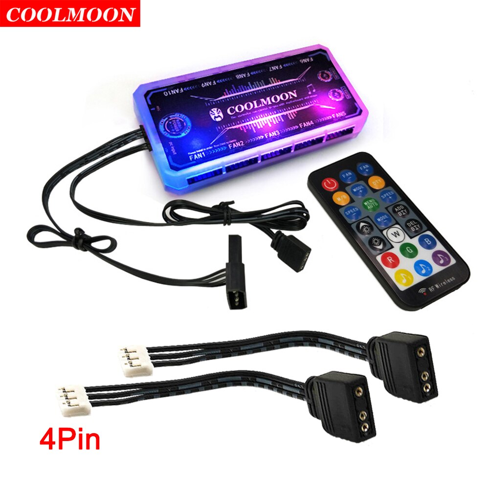 Coolmoon Smart Music 5V 3Pin ARGB Remote Controller HUB for Coolmoon 6Pin Chassis Cooling Fans 4Pin Light Strip Heat Dissipation: With 2pcs 4Pin Cable