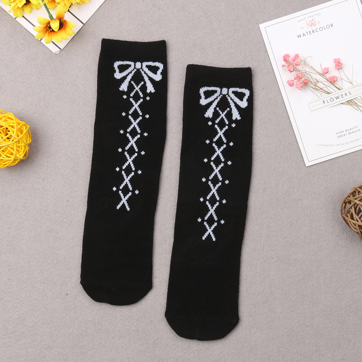 Newborn Infant Kids Baby Girls Stockings Bandage Bowknot Printed Tights Mid-calf Length Winter Warn Sets: Black / 0 to 1T