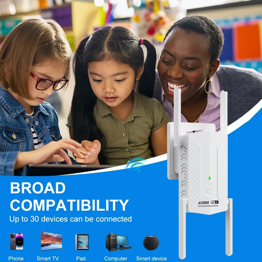 AX3000 WiFi 6 Repeater Extender Booster Dual Band 2.4G/5GHz Wi-Fi WPS Signal Amplifier Long Range Network Router for Home Office