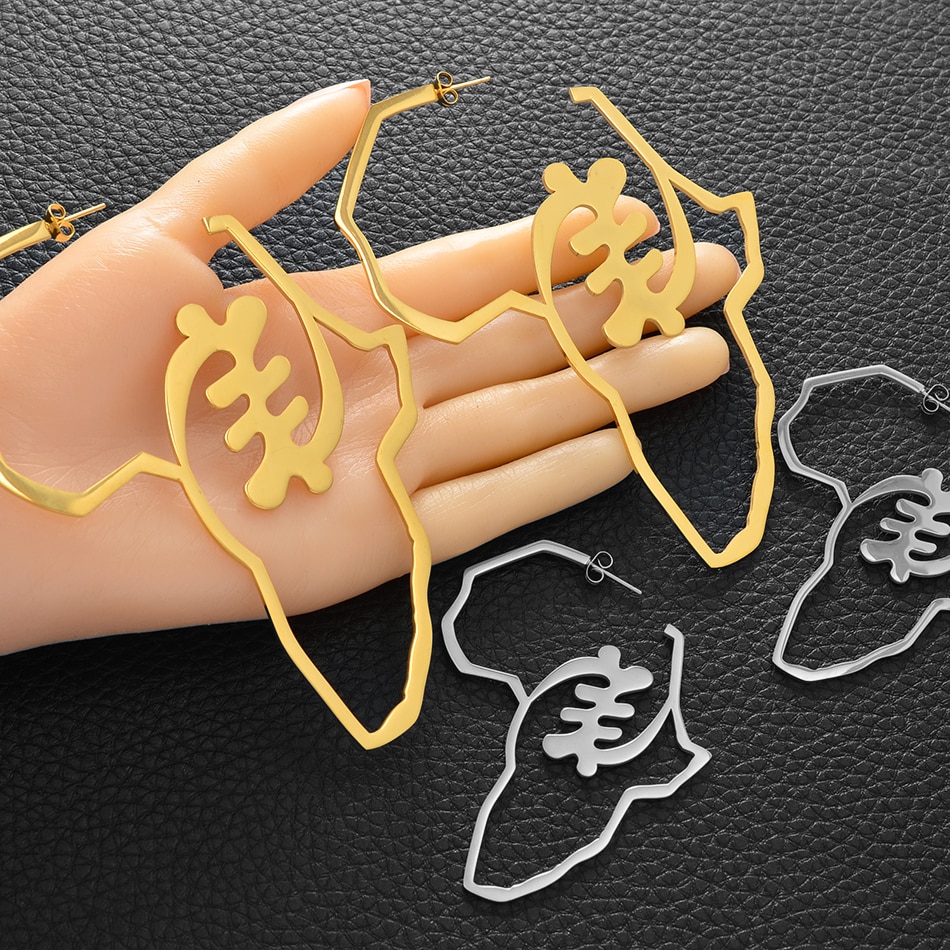 Anniyo Bigger Africa Map Earrings Gold Color Stainless Steel Adinkra Nyame Big Earrings Stud Ethnic large Jewelry Symbol #131221