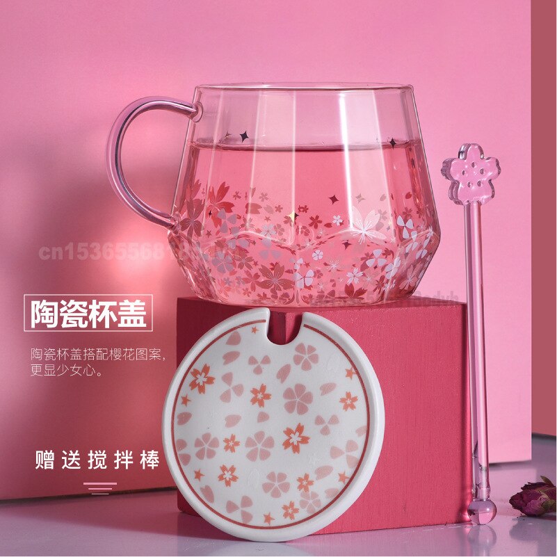 Sakura diamantkopp glas vattenkopp med handl rosa söt omrörningskopp kaffe klart glas