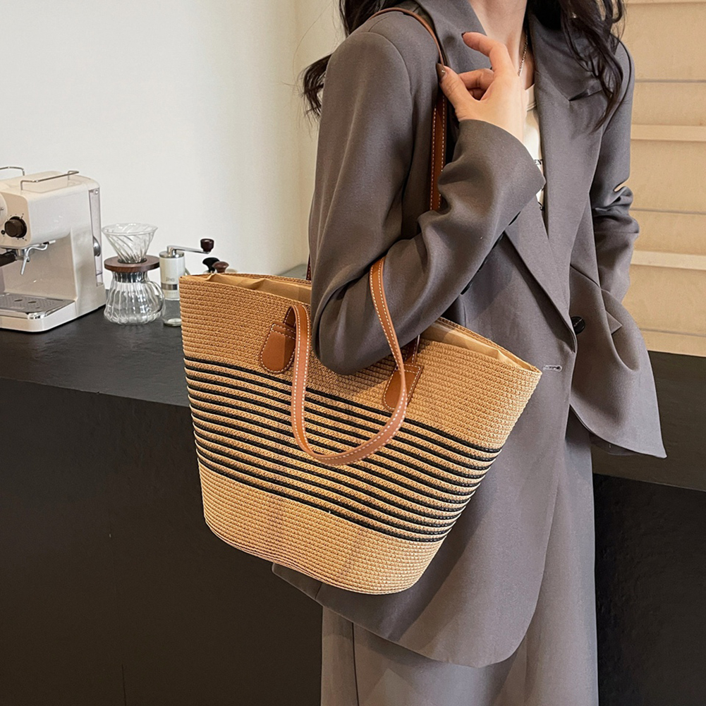 Dame tote taske med lynlås stribe vævet ferietaske stor kapacitet håndlavet taske ensfarvet til shopping arbejde strandtaske