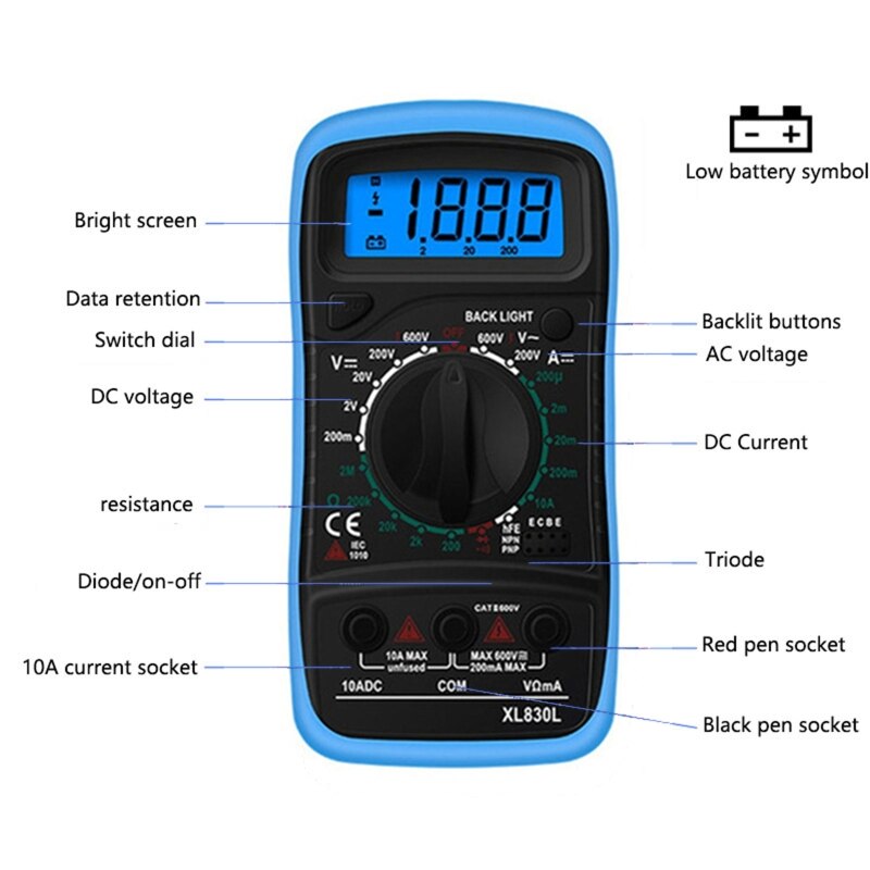 Portable Digital Multimeter Multi-Tester Backlight LCD Display Handheld Multimet