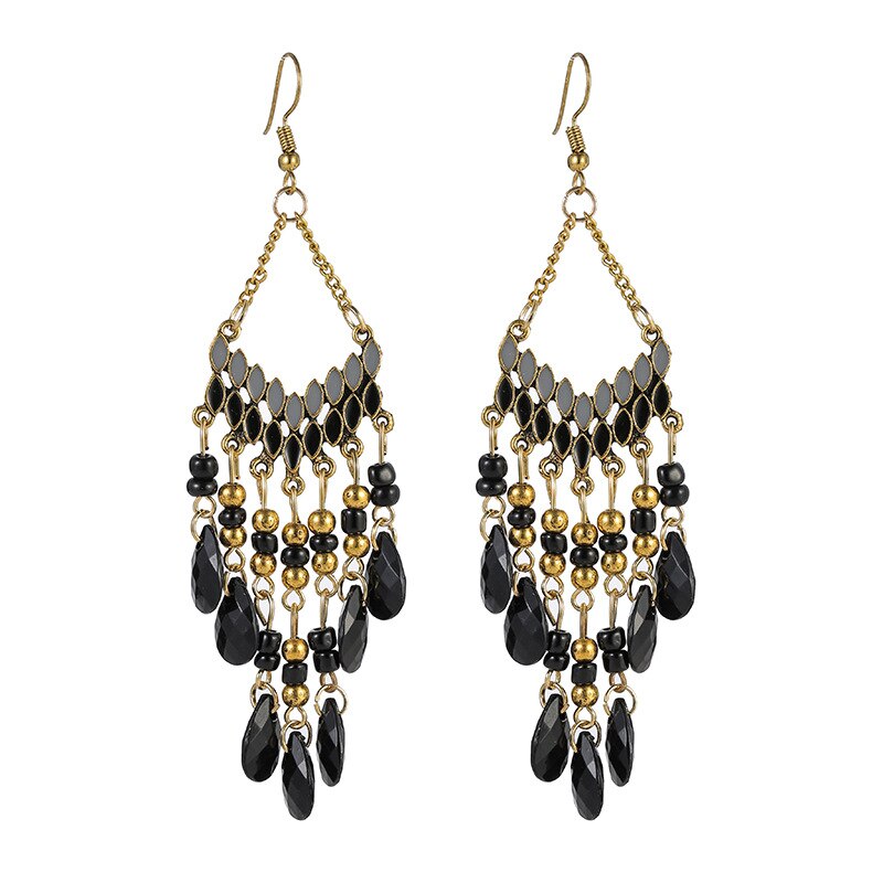 Bohemian Ethnic Flower Ladies Earrings for Women Boho Vintage Alloy Carved Beads Tassel Dangle Earrings Indian Jewelry: E1792-6 Black