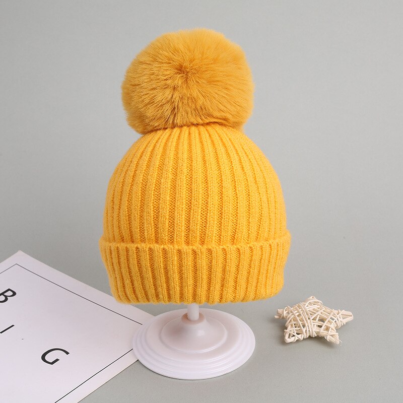 Bonnet tricoté épais et pour enfant, chapeau à pompon, couleur unie, accessoires pour fille et garçon, automne et hiver: Yellow