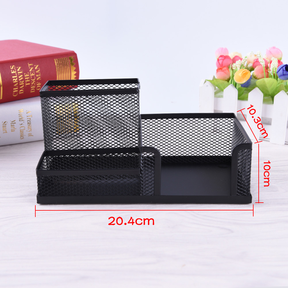 1pc Mesh Pen Holder Affordable Students Office Desk 3 Compartments Metal Pen Holder Black School Stationery Supplies