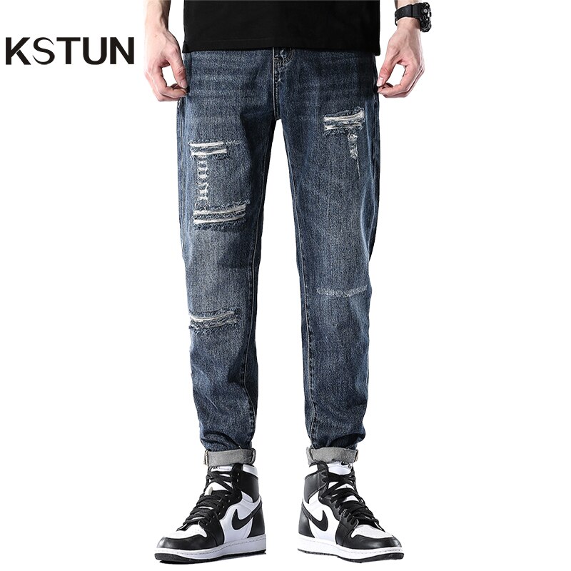 Ripped Jeans For Men Loose Fit 100% Cotton Distressed High Street Moto & Biker Jeans Man Hip Hop Denim Men's Trousers Patchwork