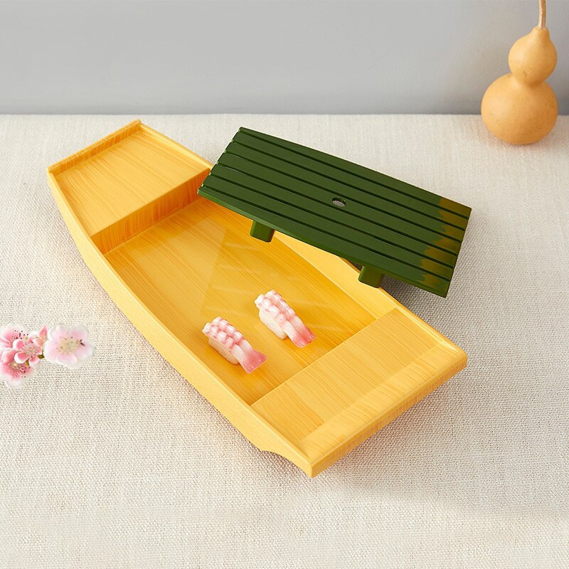 ABS Imitation Bamboo and Wood Dragon Boat Container Dragon Boat Sashimi Boat Dry Ice Boat Sushi Boat Sushi Container(Yellow)