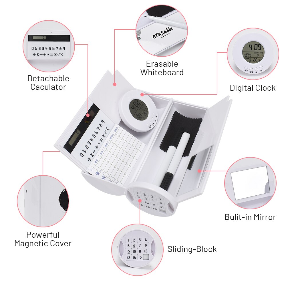 Multifunctional Pencil Case Large Capacity Pen Box with Mirror Sliding Block Digital Clock Solar Caculator School Stationery