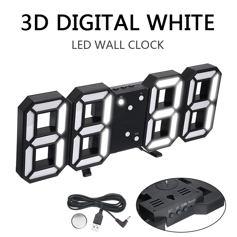 Morden 3D LED Black White Wall Clock LED Digital Clock USB Charging USB Alarm Clock Timer For Livingroom Bedroom Decor