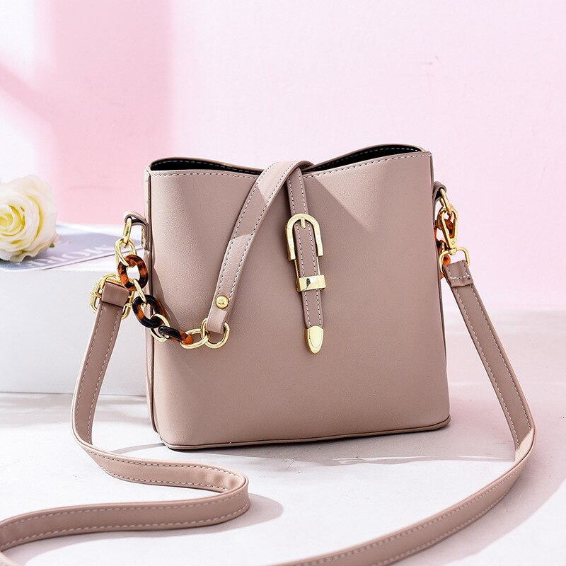 Bucket Shoulder Bag Women Chains Crossbody Bag Female Belt lock Messenger Bags Ladies PU Leather Handbag Women's Bag: khaki