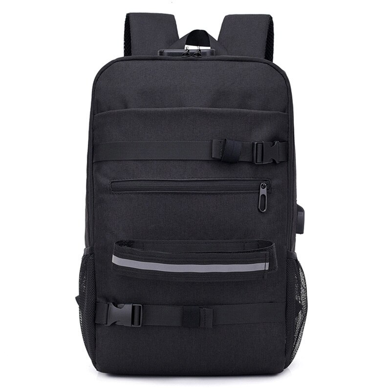 Skateboard Backpack Anti-Theft Password Lock USB Charging Shoulder Bag for Travel Leisure Computer Longboard Bag: black